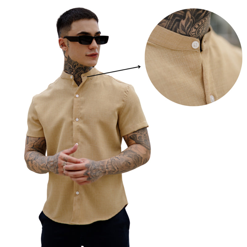 Camisa Masculina Slim Fit Gola Padre Manga Curta