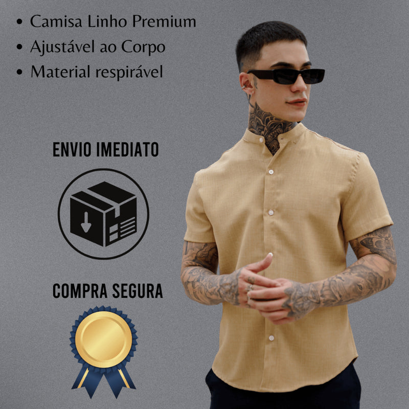 Camisa Masculina Slim Fit Gola Padre Manga Curta